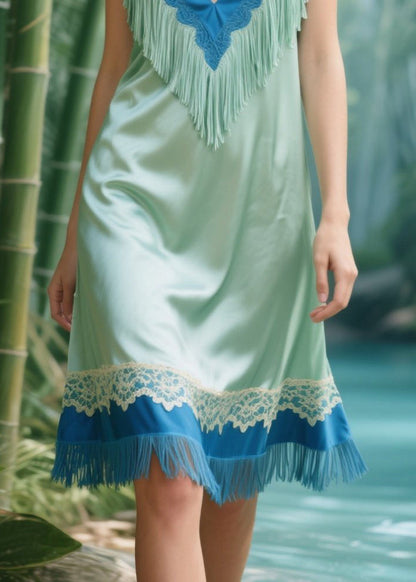 Beautiful Light Green Tasseled Patchwork Silk Mid Dress Summer