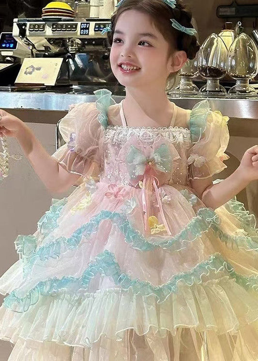 Beautiful Light Purple Ruffled Patchwork Tulle Kids Long Dresses Summer