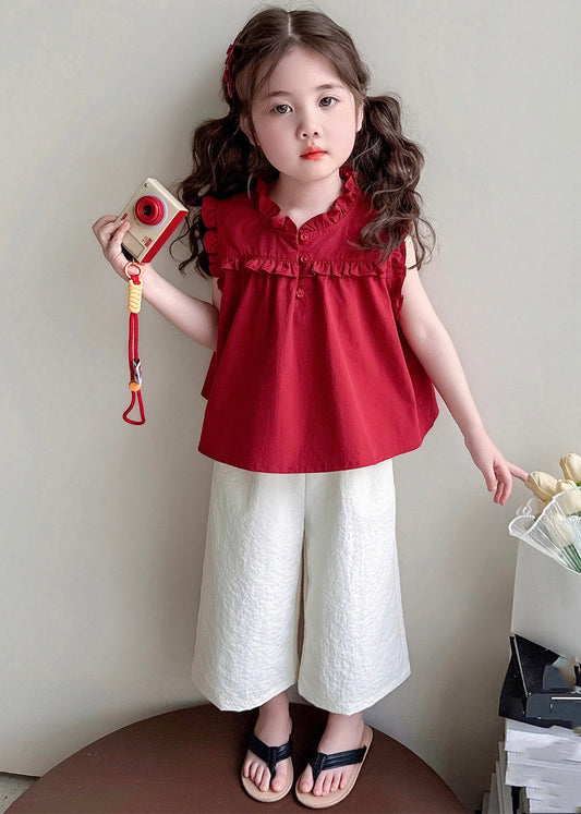 Beautiful Mulberry Stand Collar Patchwork Girls Vest And Wide Leg Pants Two Pieces Set Summer