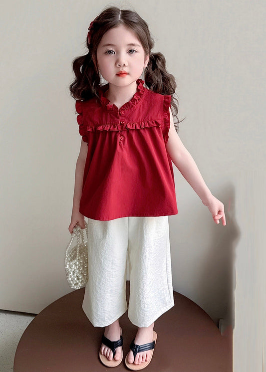 Beautiful Mulberry Stand Collar Patchwork Girls Vest And Wide Leg Pants Two Pieces Set Summer
