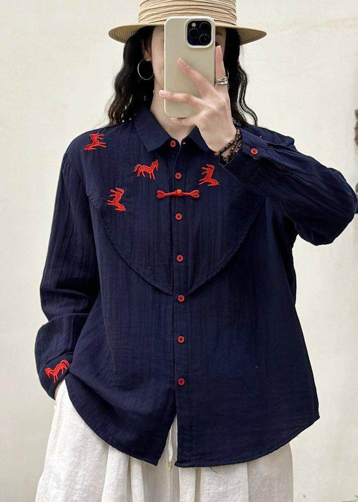 Beautiful Navy Embroidered Cotton Loose Shirt Spring