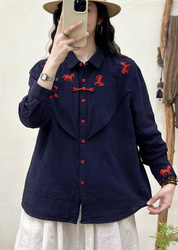 Beautiful Navy Embroidered Cotton Loose Shirt Spring