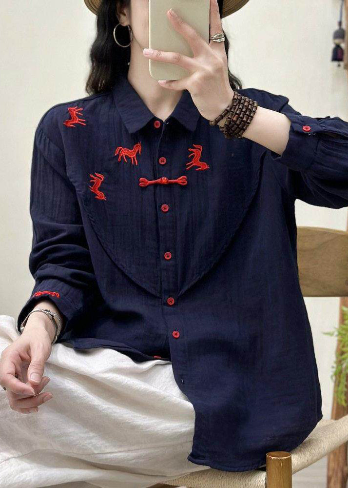 Beautiful Navy Embroidered Cotton Loose Shirt Spring