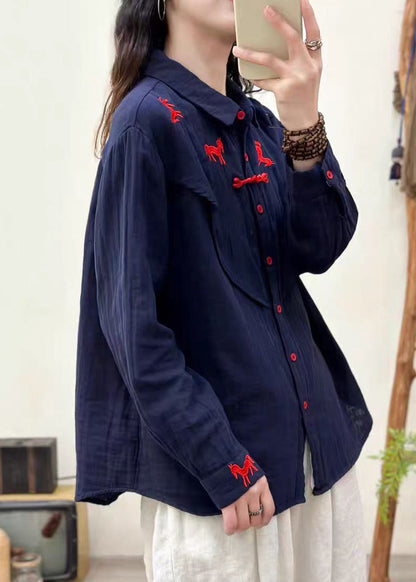Beautiful Navy Embroidered Cotton Loose Shirt Spring