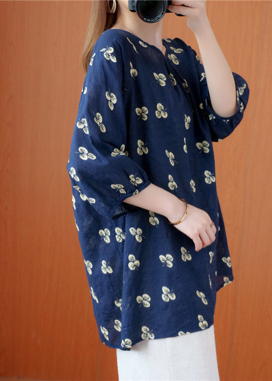 Wunderschönes, marineblaues, faltiges Herbst-Oberteil mit halblangen Ärmeln und Rundhalsausschnitt