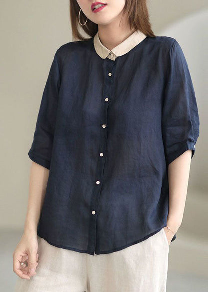 Wunderschönes, marineblaues Hemd mit Peter-Pan-Kragen und Knöpfen, lockerer Herbst, Halbarm