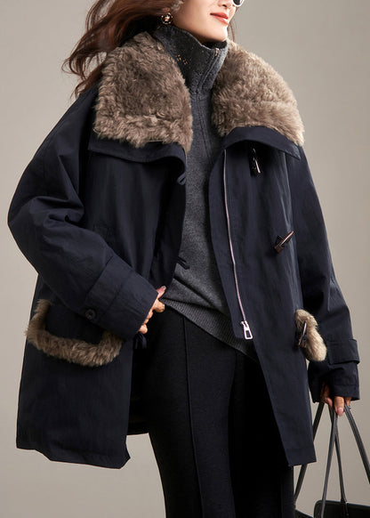 Beautiful Navy Peter Pan Collar Fur Collar Duck Down Puffer Coat Winter