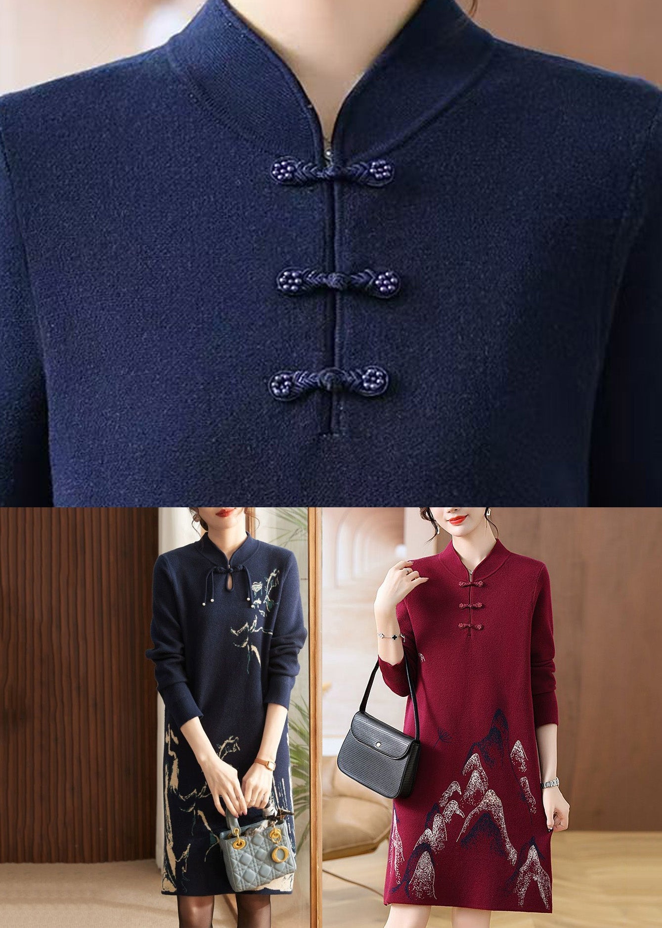 Wunderschönes langes Strickkleid aus Baumwolle mit marineblauem Patchwork-Print und langen Ärmeln