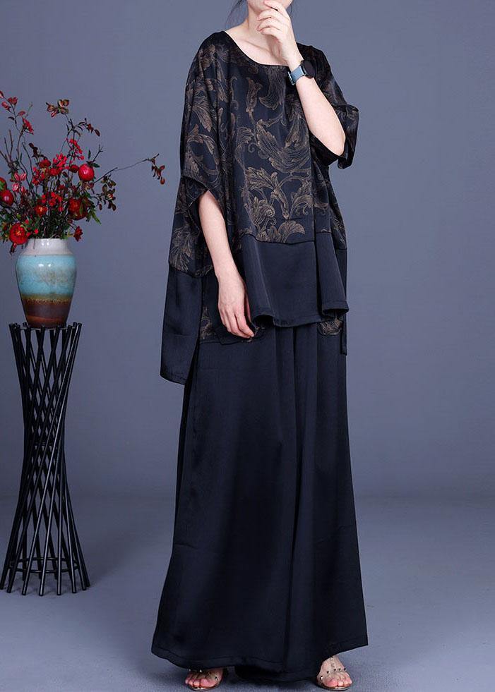 Beautiful Navy Print Patchwork long smock Wide Leg Silk Two Pieces Set - SooLinen