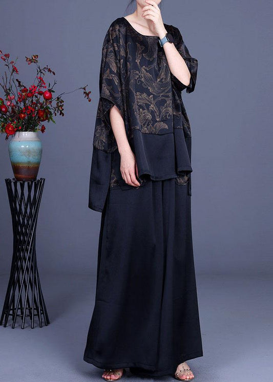 Beautiful Navy Print Patchwork long smock Wide Leg Silk Two Pieces Set - SooLinen