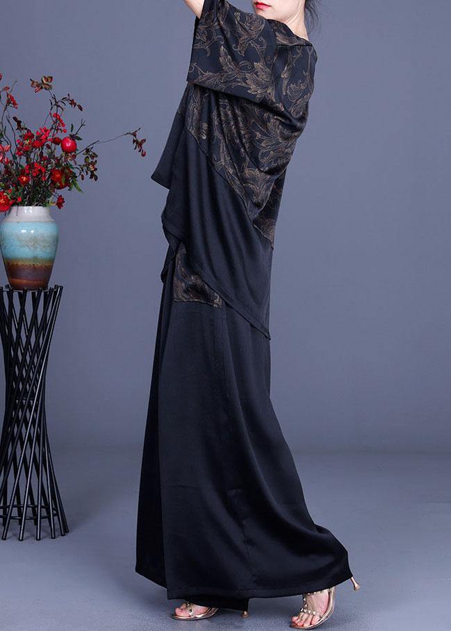 Beautiful Navy Print Patchwork long smock Wide Leg Silk Two Pieces Set - SooLinen