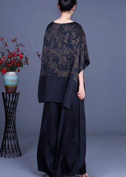 Beautiful Navy Print Patchwork long smock Wide Leg Silk Two Pieces Set - SooLinen