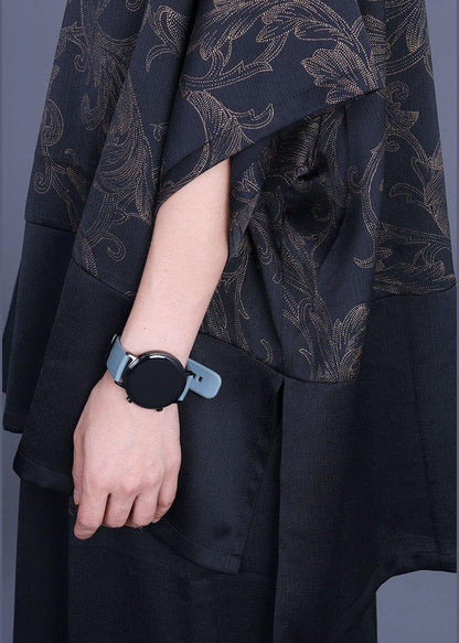 Beautiful Navy Print Patchwork long smock Wide Leg Silk Two Pieces Set - SooLinen