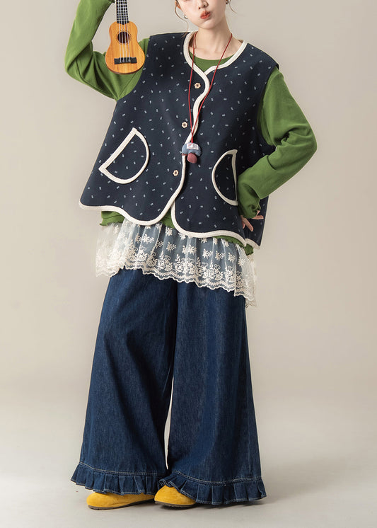 Hermoso conjunto de tres piezas de camiseta y pantalón de algodón con estampado azul marino para primavera.