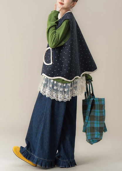 Wunderschönes dreiteiliges Set aus Weste, T-Shirt und Hose mit marineblauem Print aus Baumwolle für den Frühling