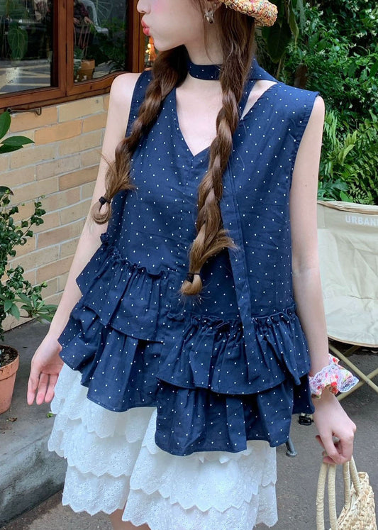 Hermosa camiseta sin mangas de algodón con estampado de volantes azul marino