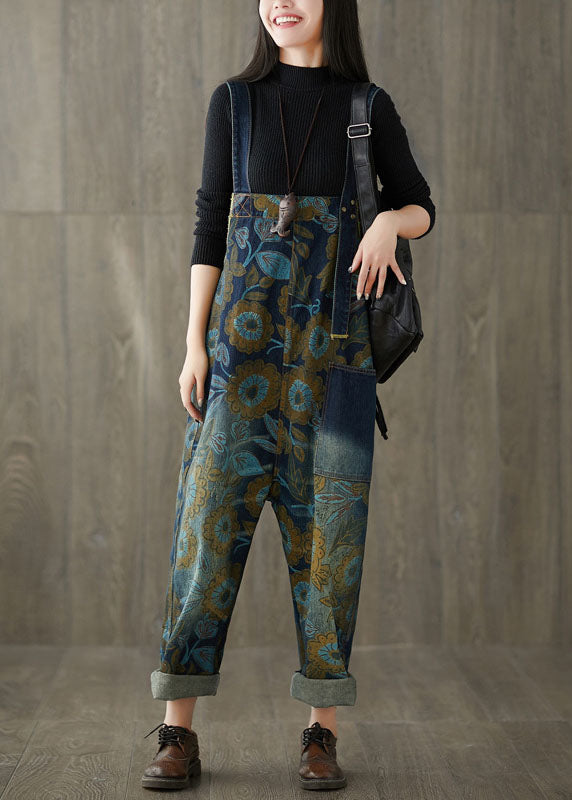 Schöne Navy Taschen Print Jeans Jumpsuit Frühling