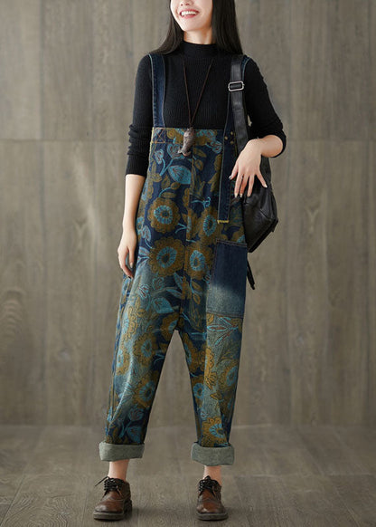 Schöne Navy Taschen Print Jeans Jumpsuit Frühling