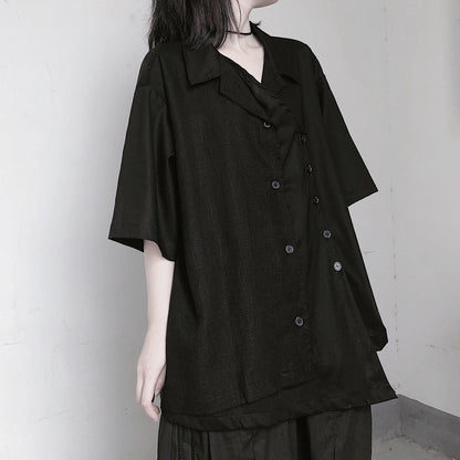 Beautiful Notched Patchwork Tunic Shape Black blouses - SooLinen