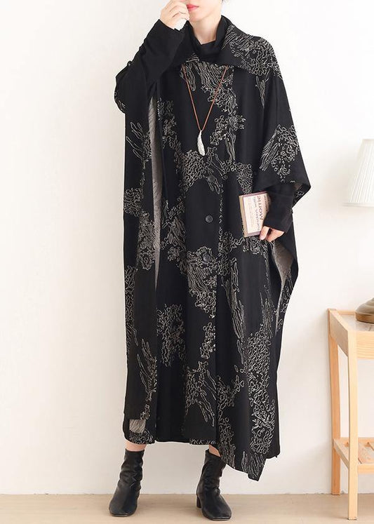 Beautiful Notched asymmetric Plus Size coats women black print silhouette coats - SooLinen