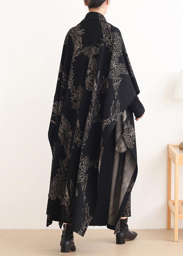 Beautiful Notched asymmetric Plus Size coats women black print silhouette coats - SooLinen
