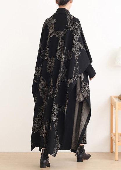 Beautiful Notched asymmetric Plus Size coats women black print silhouette coats - SooLinen