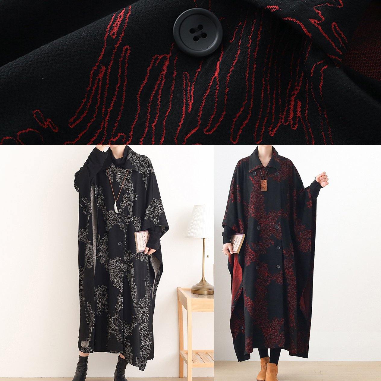 Beautiful Notched asymmetric Plus Size coats women black print silhouette coats - SooLinen