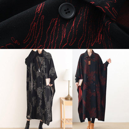 Beautiful Notched asymmetric Plus Size coats women black print silhouette coats - SooLinen