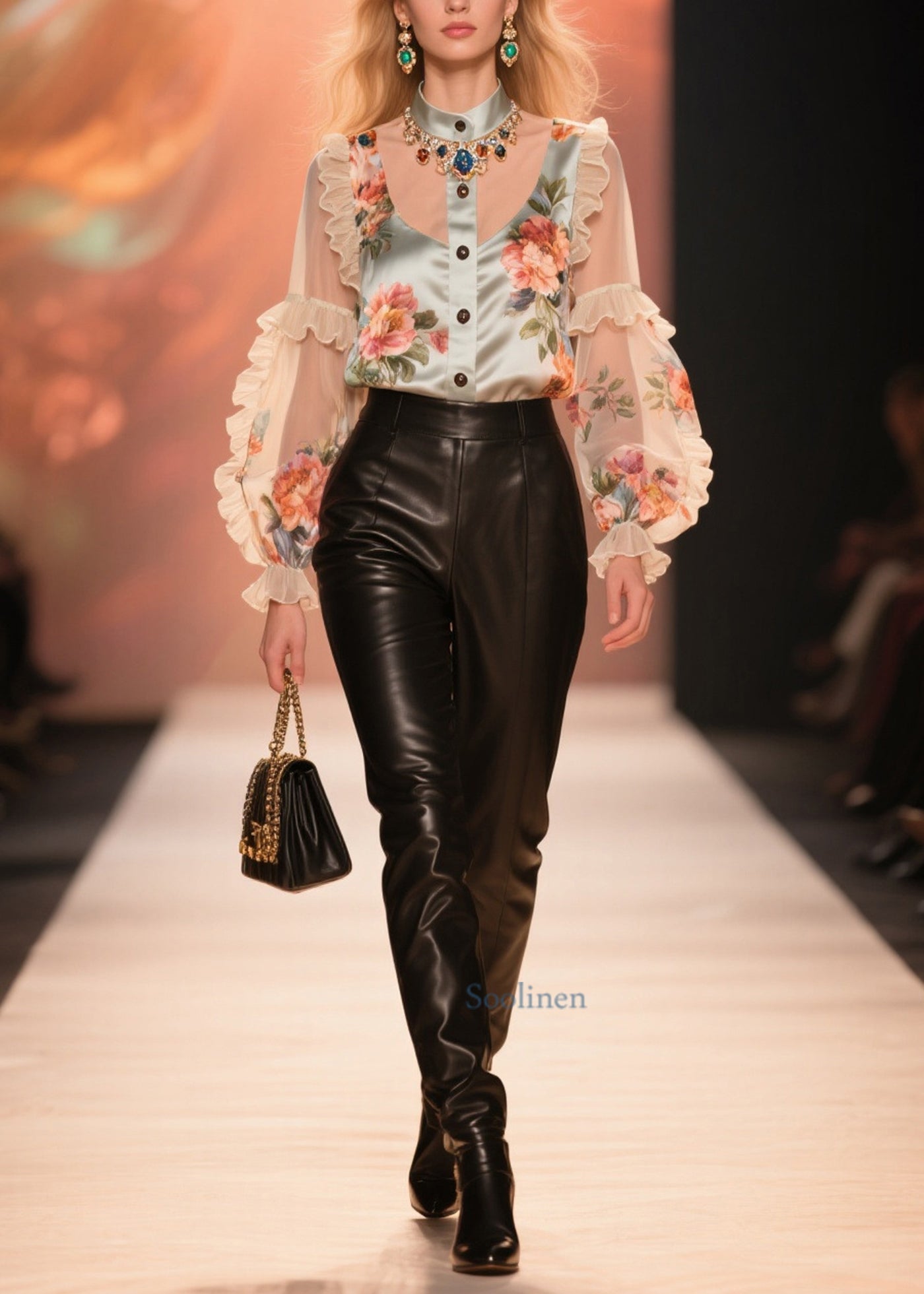 Beautiful Nude Ruffled Patchwork Print Chiffon Shirt Summer