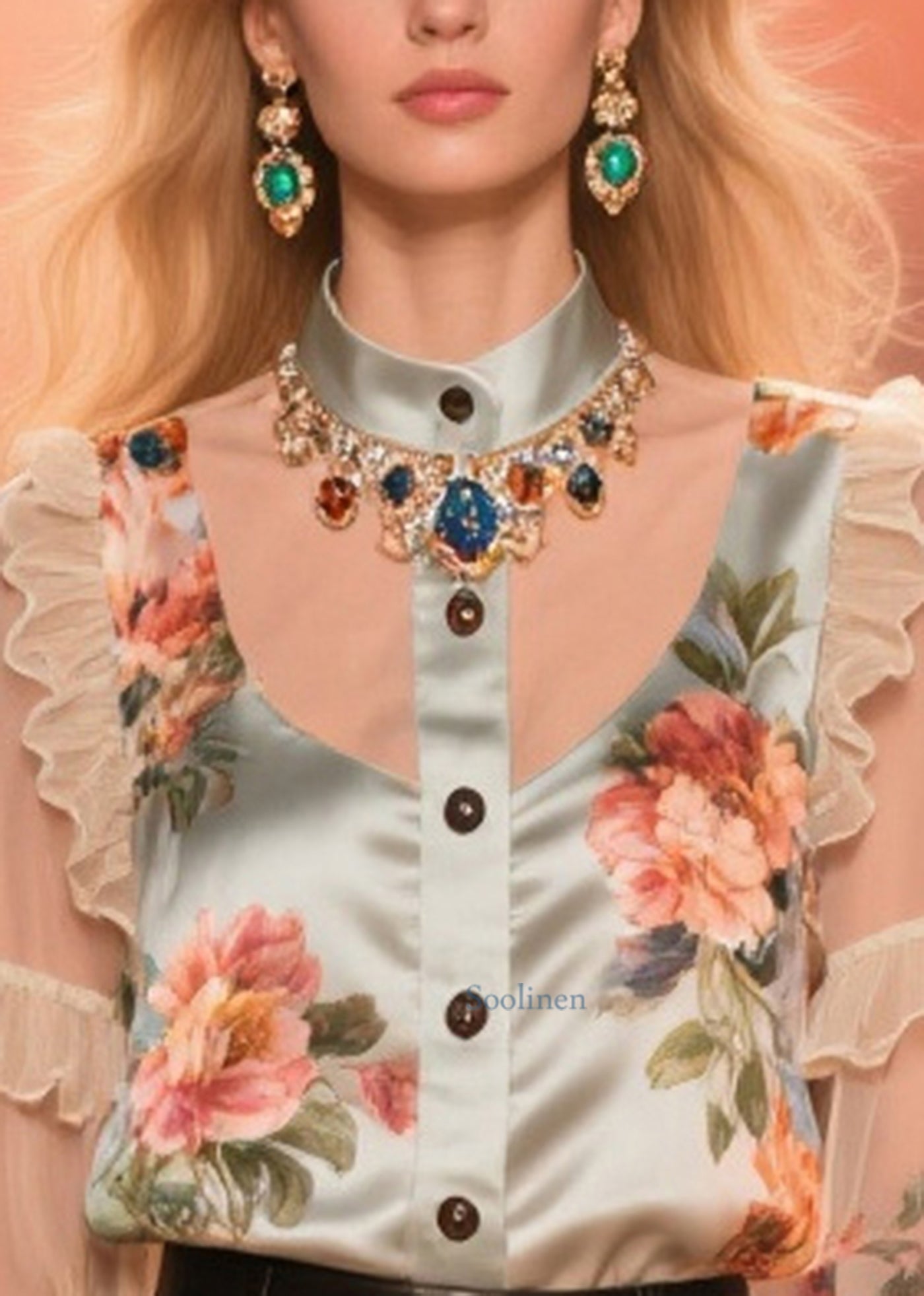 Beautiful Nude Ruffled Patchwork Print Chiffon Shirt Summer