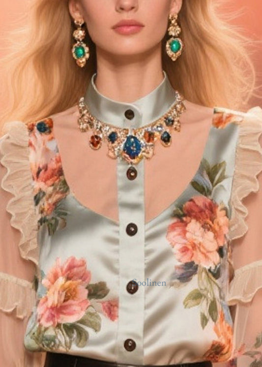 Beautiful Nude Ruffled Patchwork Print Chiffon Shirt Summer