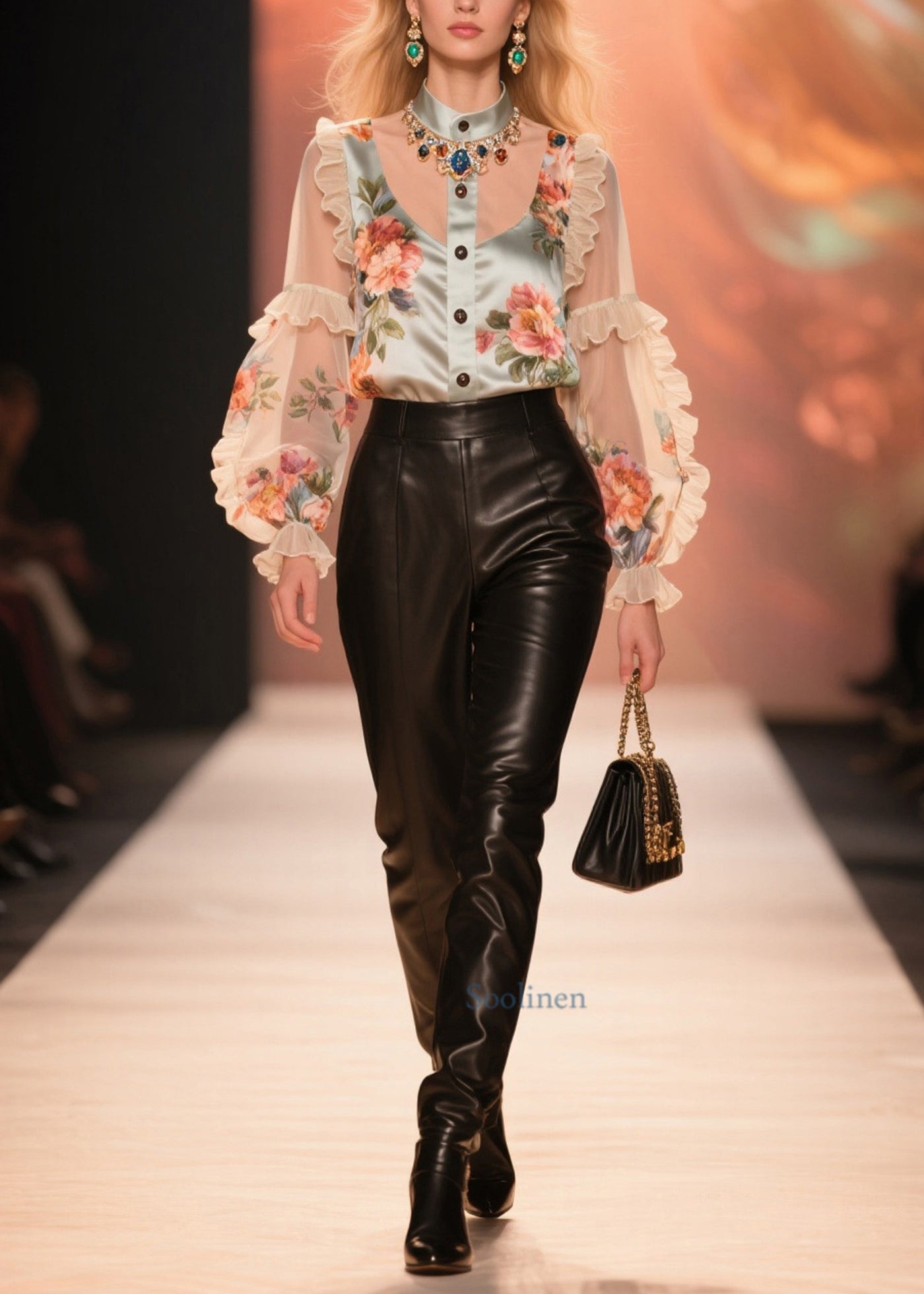 Beautiful Nude Ruffled Patchwork Print Chiffon Shirt Summer