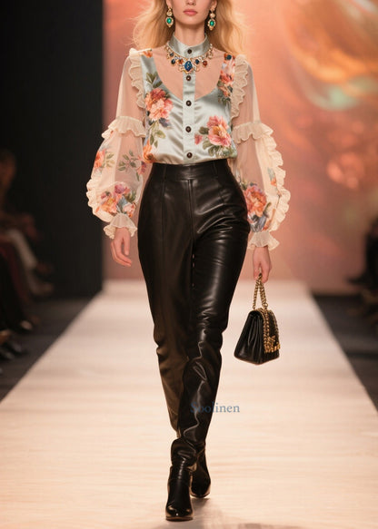 Beautiful Nude Ruffled Patchwork Print Chiffon Shirt Summer