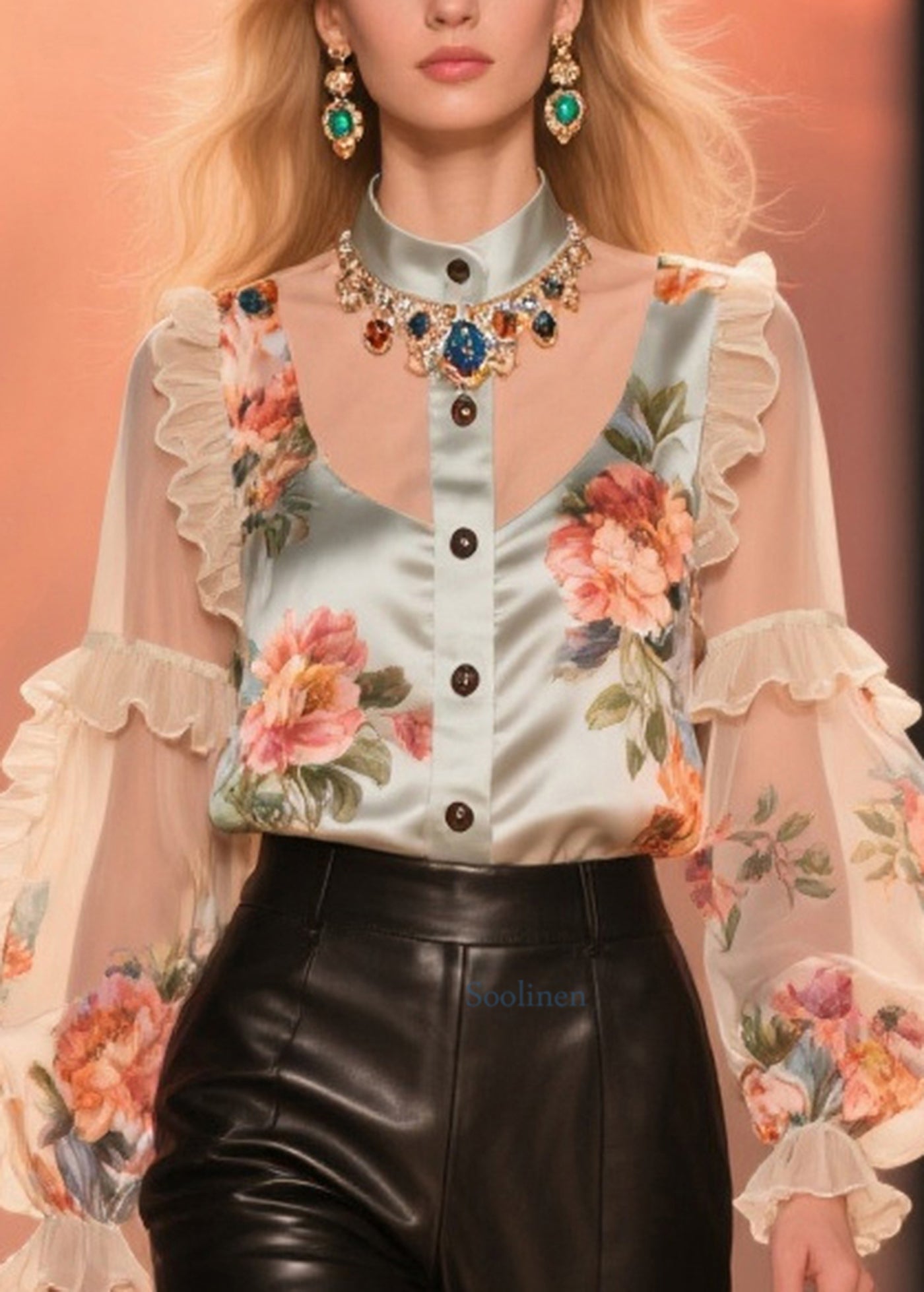 Beautiful Nude Ruffled Patchwork Print Chiffon Shirt Summer