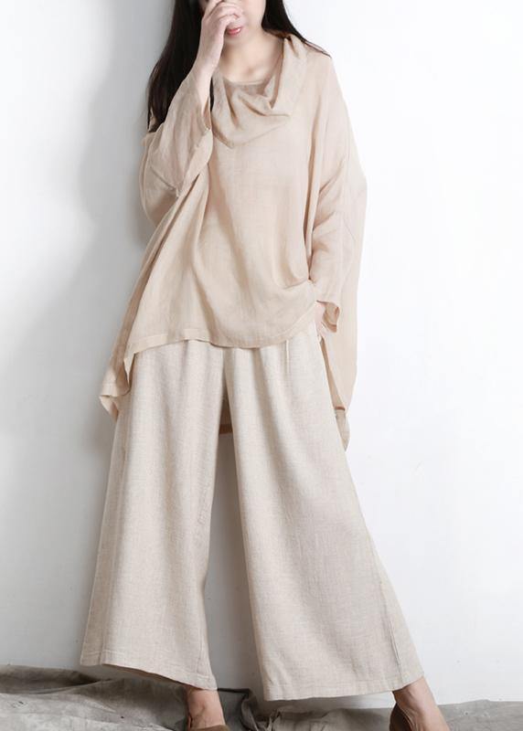 Beautiful Nude Turtle Neck Batwing Sleeve Two Piece Set Women Clothing Summer Linen - SooLinen