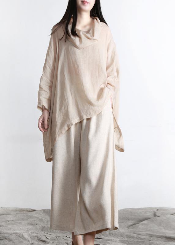 Beautiful Nude Turtle Neck Batwing Sleeve Two Piece Set Women Clothing Summer Linen - SooLinen
