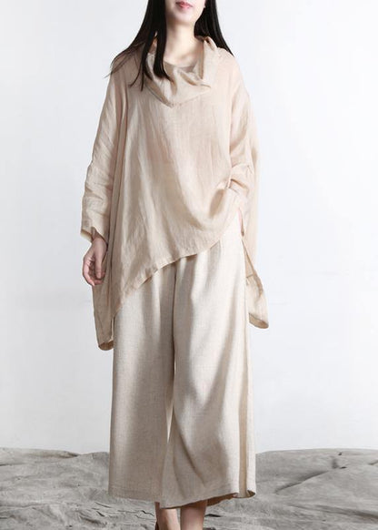 Beautiful Nude Turtle Neck Batwing Sleeve Two Piece Set Women Clothing Summer Linen - SooLinen