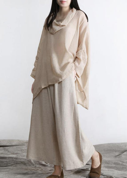 Beautiful Nude Turtle Neck Batwing Sleeve Two Piece Set Women Clothing Summer Linen - SooLinen