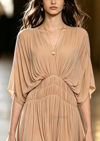 Beautiful Nude V Neck Wrinkled Chiffon Maxi Dress Batwing Sleeve