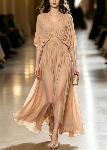 Beautiful Nude V Neck Wrinkled Chiffon Maxi Dress Batwing Sleeve