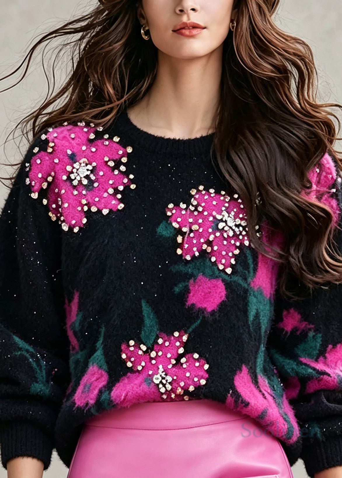 Beautiful O Neck Jacquard Sequins Knit Sweaters Fall