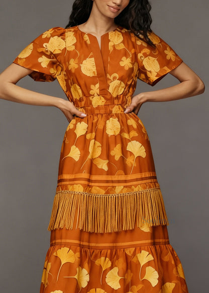 Beautiful Orange O Neck Print Tassel Patchwork Cotton Dresses Summer