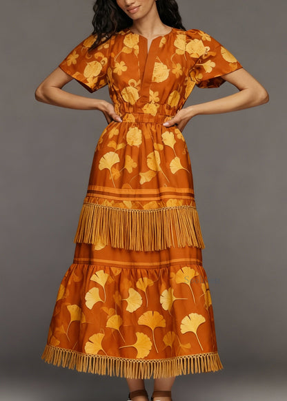 Beautiful Orange O Neck Print Tassel Patchwork Cotton Dresses Summer