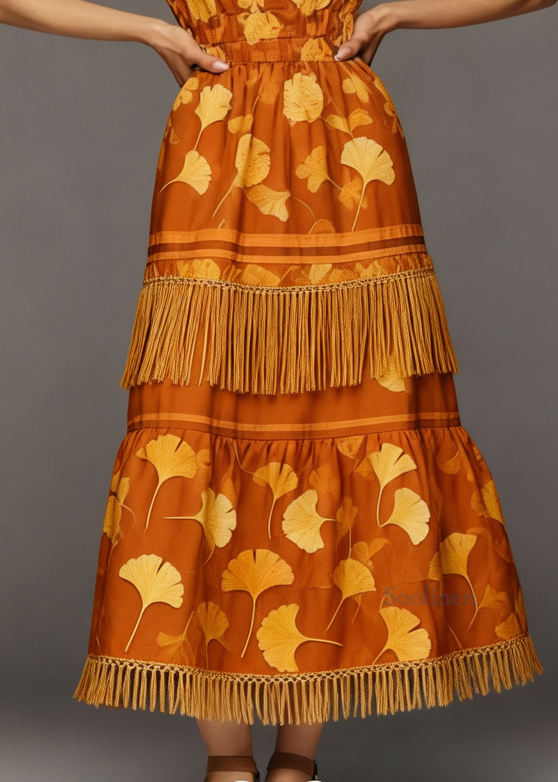 Beautiful Orange O Neck Print Tassel Patchwork Cotton Dresses Summer