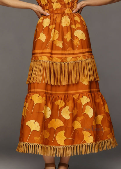 Beautiful Orange O Neck Print Tassel Patchwork Cotton Dresses Summer