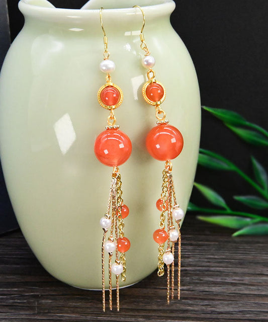 Hermosos aretes colgantes con borlas de perlas de ágata dorada y plata esterlina de color naranja