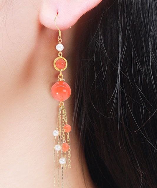 Hermosos aretes colgantes con borlas de perlas de ágata dorada y plata esterlina de color naranja