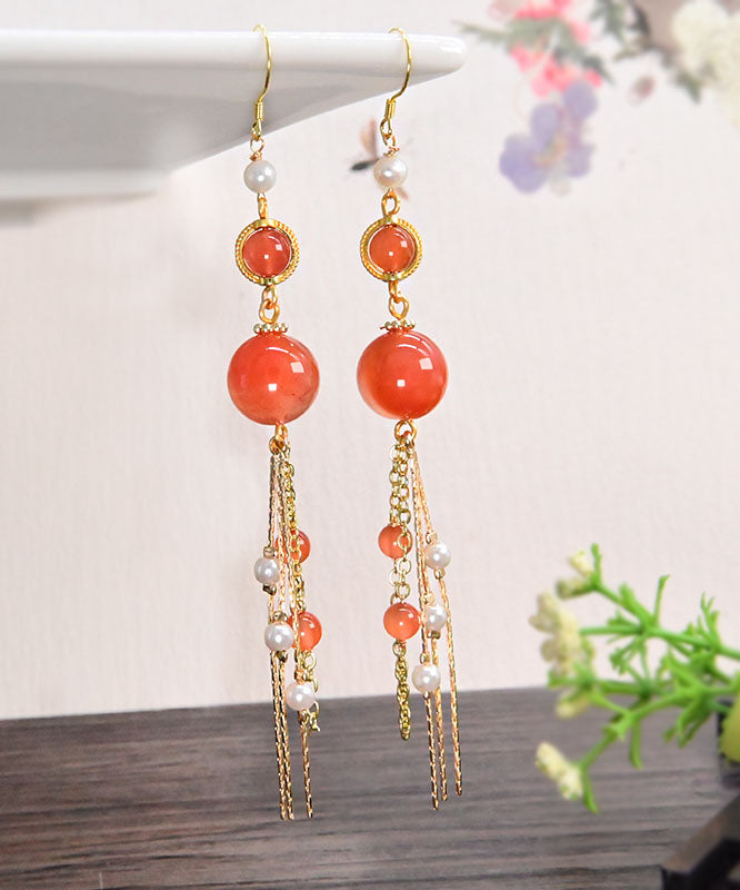 Hermosos aretes colgantes con borlas de perlas de ágata dorada y plata esterlina de color naranja