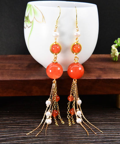 Hermosos aretes colgantes con borlas de perlas de ágata dorada y plata esterlina de color naranja