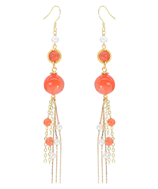 Hermosos aretes colgantes con borlas de perlas de ágata dorada y plata esterlina de color naranja